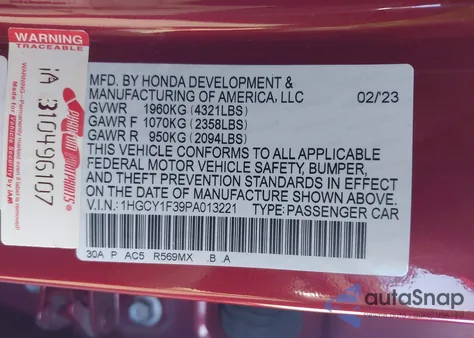 2023 Honda Accord Ex from USA, damaged, VIN 1HGCY1F39PA013221